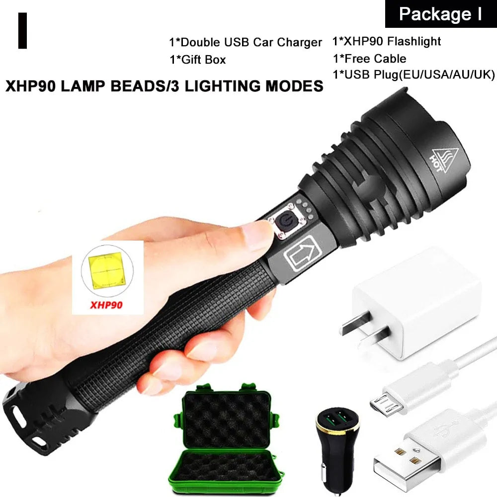 XHP90 LED Flashlight: USB Rechargeable Power Display Torch