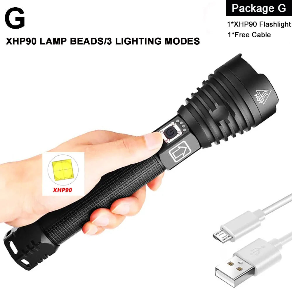 XHP90 LED Flashlight: USB Rechargeable Power Display Torch