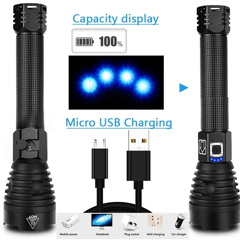 XHP90 LED Flashlight: USB Rechargeable Power Display Torch