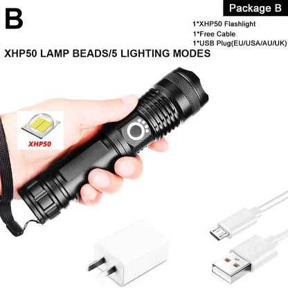 XHP90 LED Flashlight: USB Rechargeable Power Display Torch