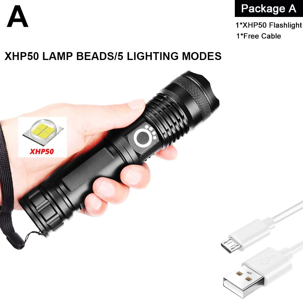 XHP90 LED Flashlight: USB Rechargeable Power Display Torch