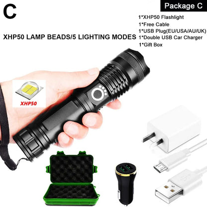 XHP90 LED Flashlight: USB Rechargeable Power Display Torch